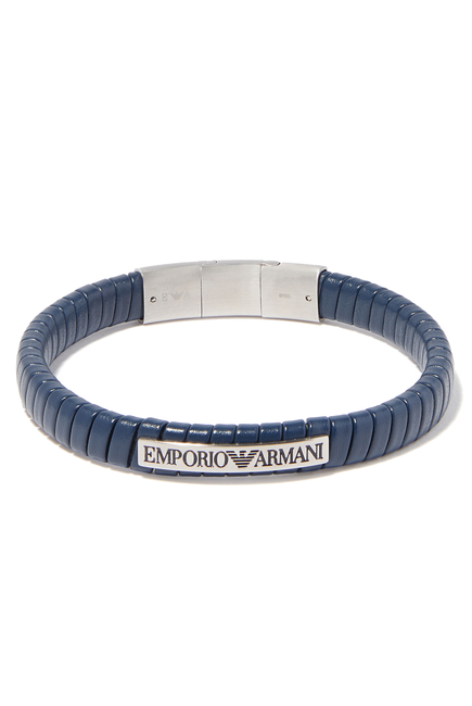 Emporio Armani Logo Leather and Stainless Steel Bracelet